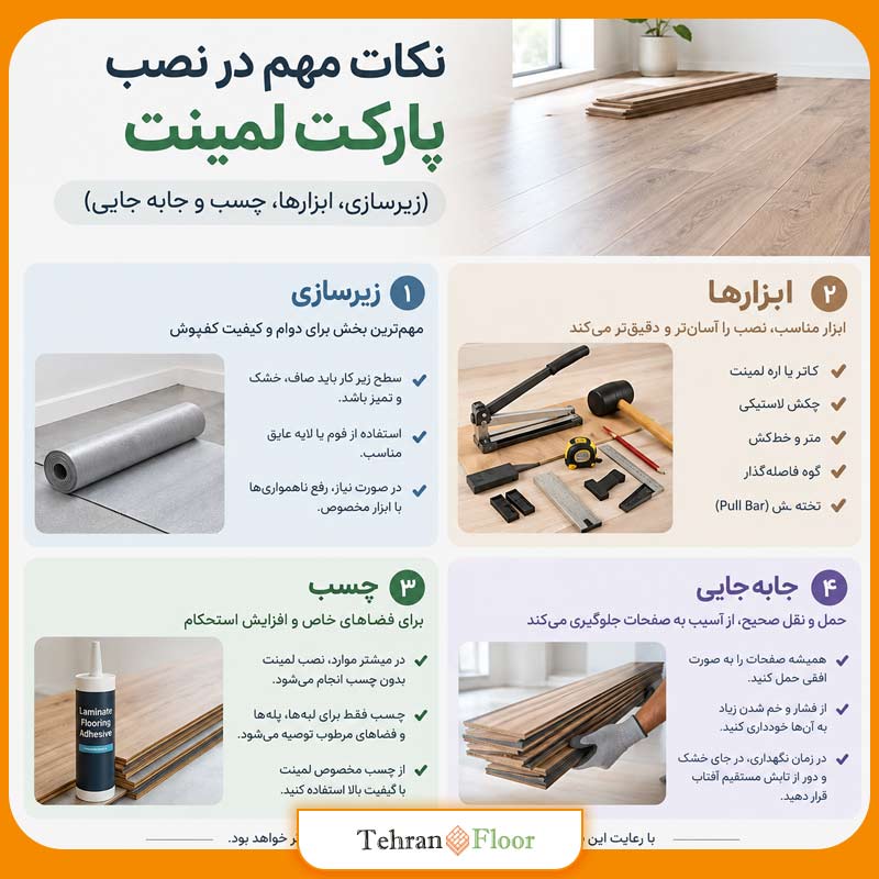 نکات مهم در نصب پارکت لمینت (زیرسازی، ابزارها، چسب و جابه جایی)
